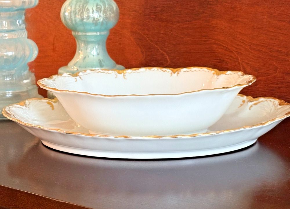 Antique Hutschenreuther Selb Bavaria Oval Platter & Vegetable Bowl Gold Trim